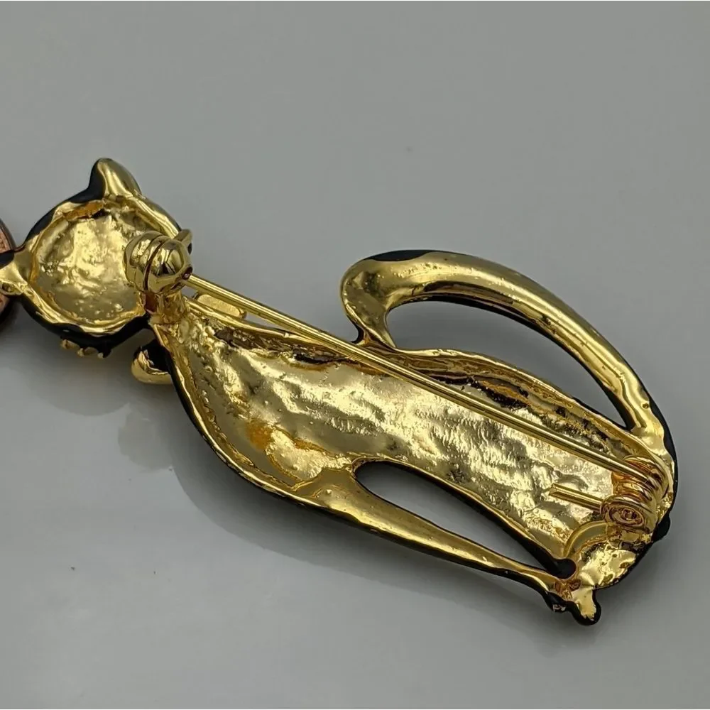 Vintage Black Cat Gold Bow Rhinestone Brooch Pin